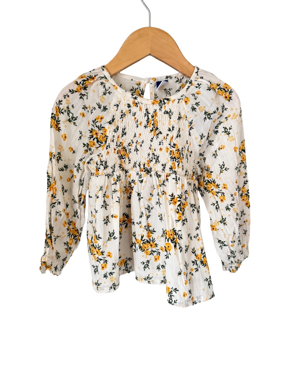 Old Navy White Floral Smocked Top with Yellow Blooms 2T